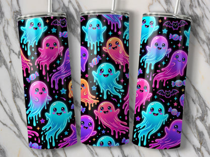 Three tumblers with a black background featuring colorful, smiling ghosts, bats, and candy.