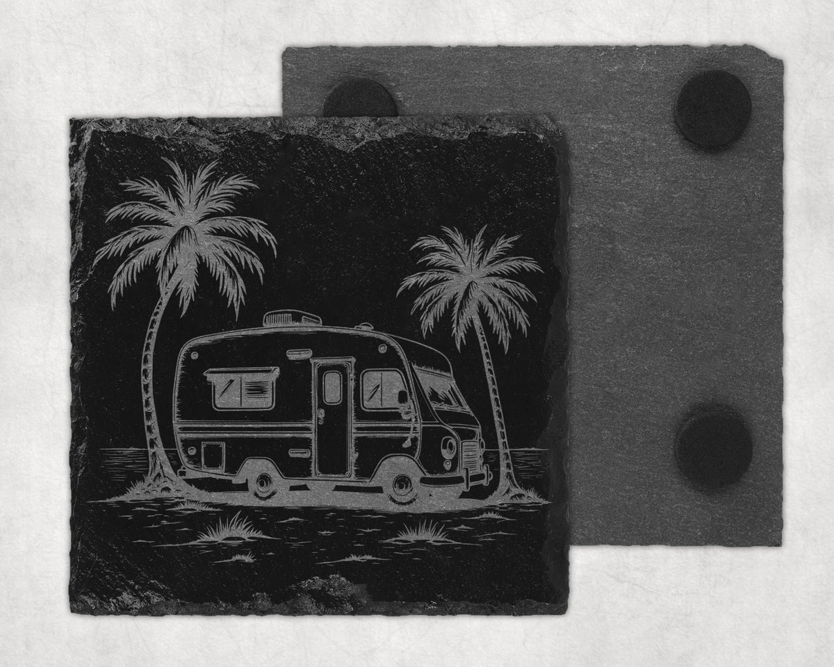 Slate coaster with laser etched design of a camper and palm trees.