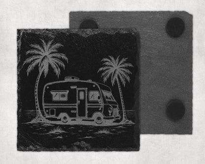 Slate coaster with laser etched design of a camper and palm trees.
