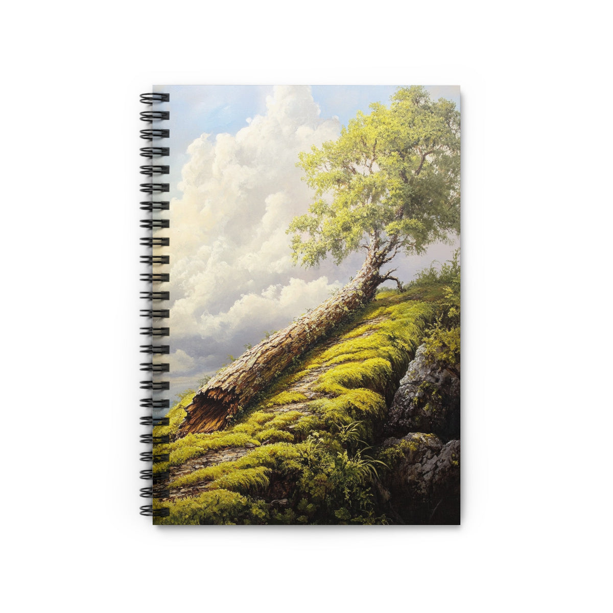 Spiral notebook with a painting of a tree on a mossy hill under a cloudy sky.
