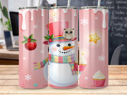 Snowman with owl and cupcakes on a pink background with snowflakes and dripping icing.