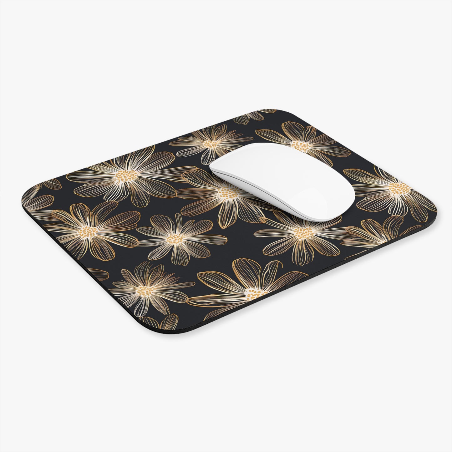 Black mousepad with gold floral line art pattern, white mouse on top.