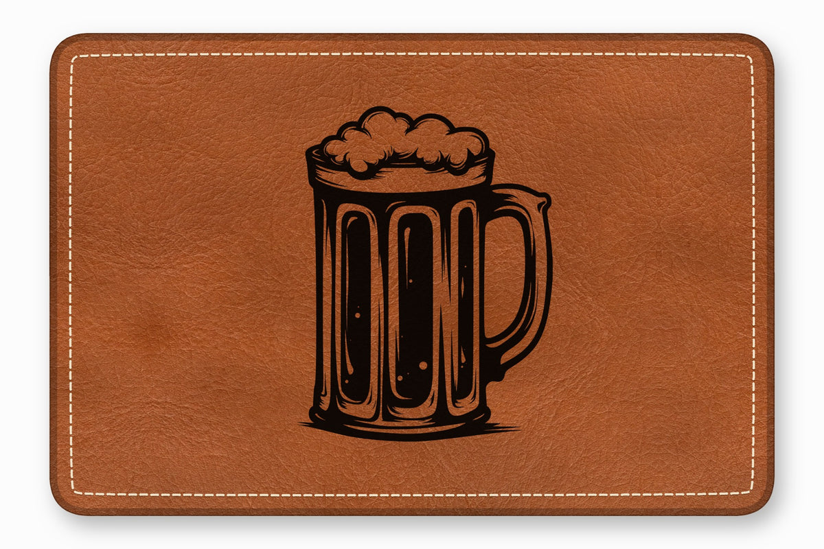 Brown leather patch featuring a black etched illustration of a frothy beer mug.
