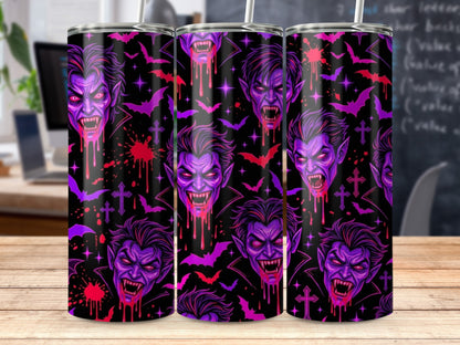 Tumblers with a repeating pattern of purple vampires, bats, and crosses.