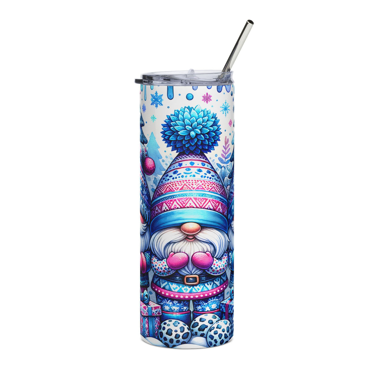 Tumbler with a gnome wearing a patterned hat and mittens, surrounded by gifts.