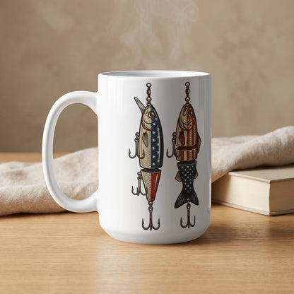 White mug with two American flag-themed fishing lures and steam rising.