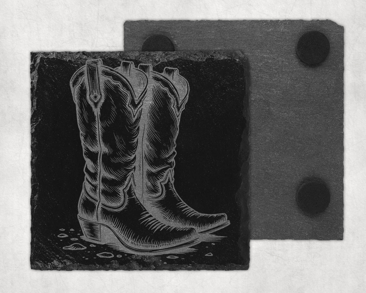 Slate coaster with engraved cowboy boot design, and another coaster behind.