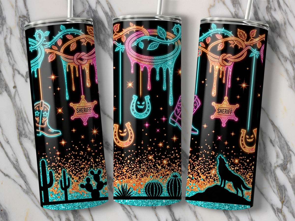 Western-themed tumblers with neon cacti, sheriff badges, boots, horseshoes, and a wolf.