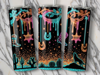Western-themed tumblers with neon cacti, sheriff badges, boots, horseshoes, and a wolf.