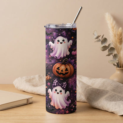 Purple tumbler with two cute ghosts, pumpkin, bats, and spiderwebs for Halloween.