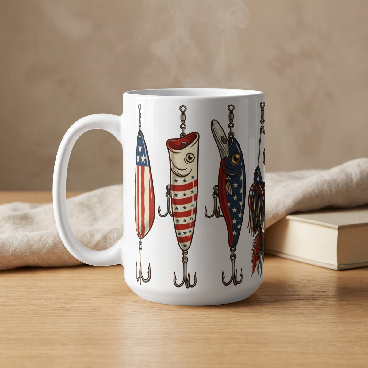 White mug with patriotic fishing lures featuring American flag designs and triple hooks.