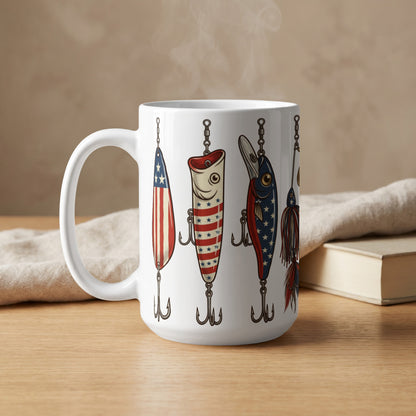 White mug with patriotic fishing lures featuring American flag designs and triple hooks.