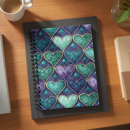 Spiral notebook with a teal and purple stained-glass heart pattern.