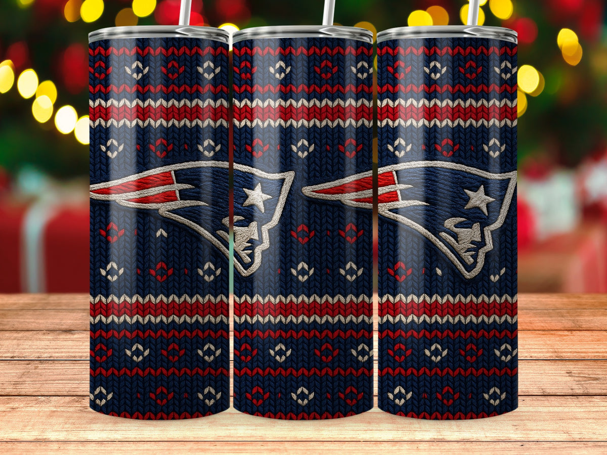 New England Patriots logo on navy blue sweater pattern tumbler