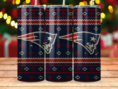 New England Patriots logo on navy blue sweater pattern tumbler