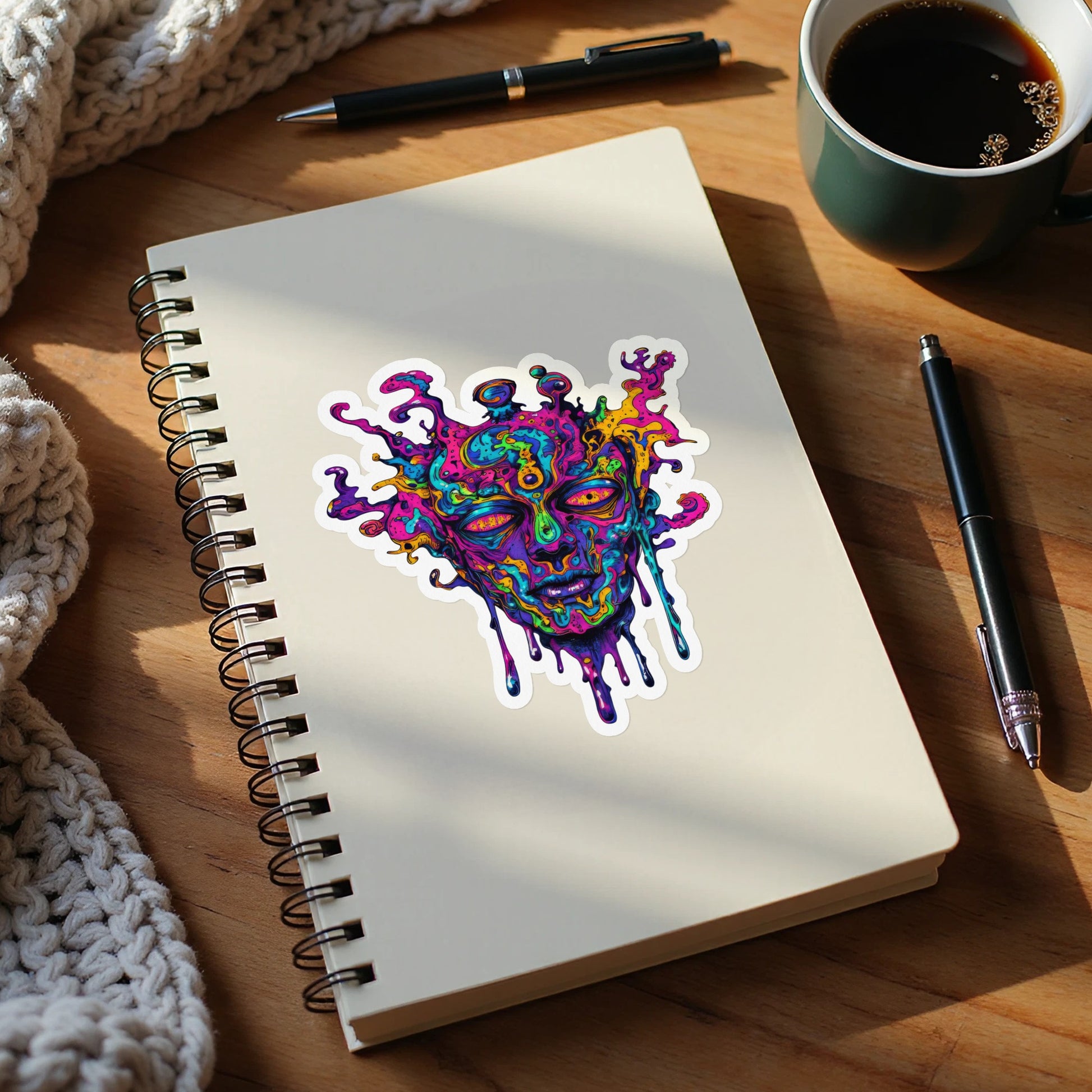 Colorful, melting face sticker on a notebook with pens and coffee.