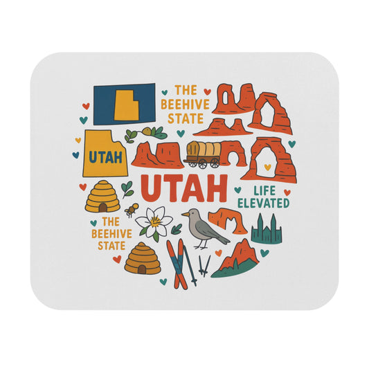 Utah collage with state map, arches, beehives, mountains, and text.