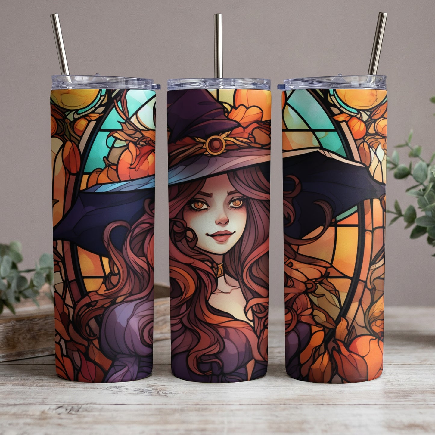 Three tumblers featuring a witch with flowing hair against a stained-glass pumpkin background.