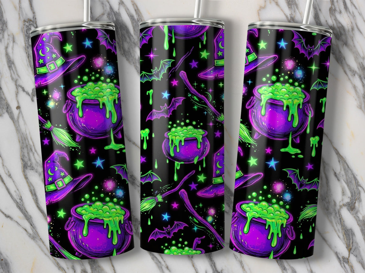 Tumbling tumblers with Halloween witch hats, cauldrons, bats, brooms, and stars pattern.