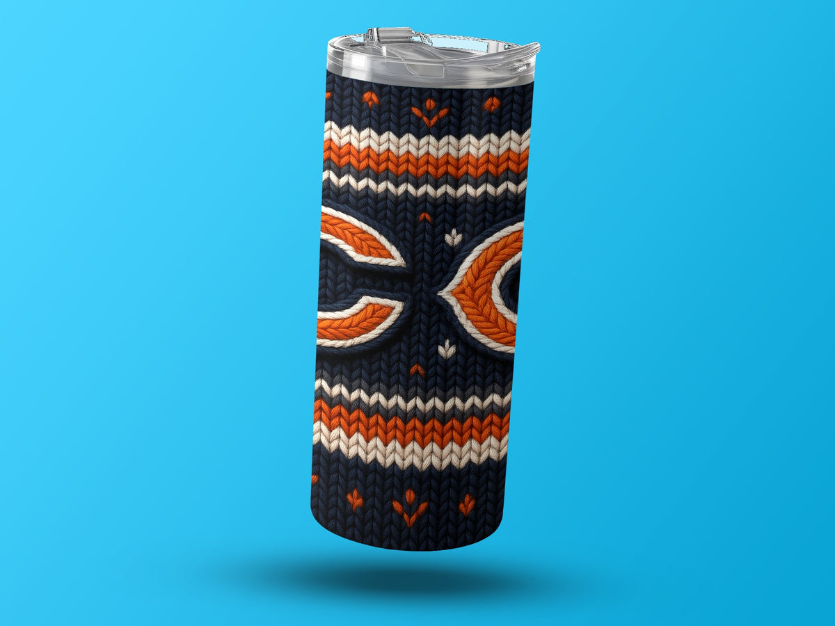 Chicago Bears logo on a dark blue tumbler with a knitted pattern.