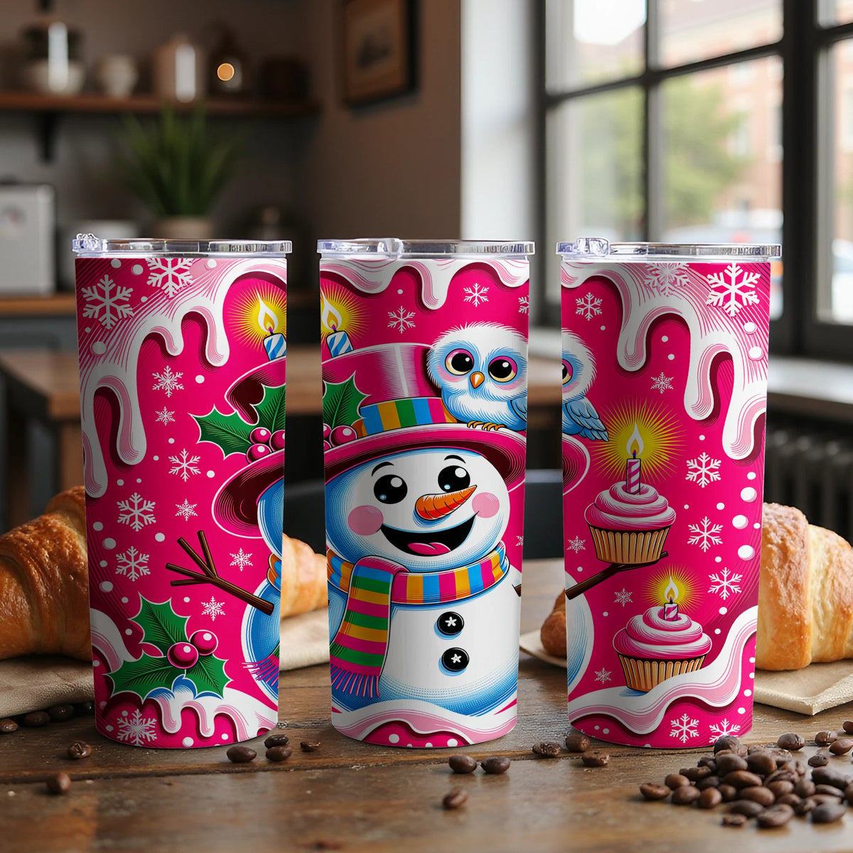 Three tumblers with a pink background, snowflakes, and a cartoon snowman with an owl.