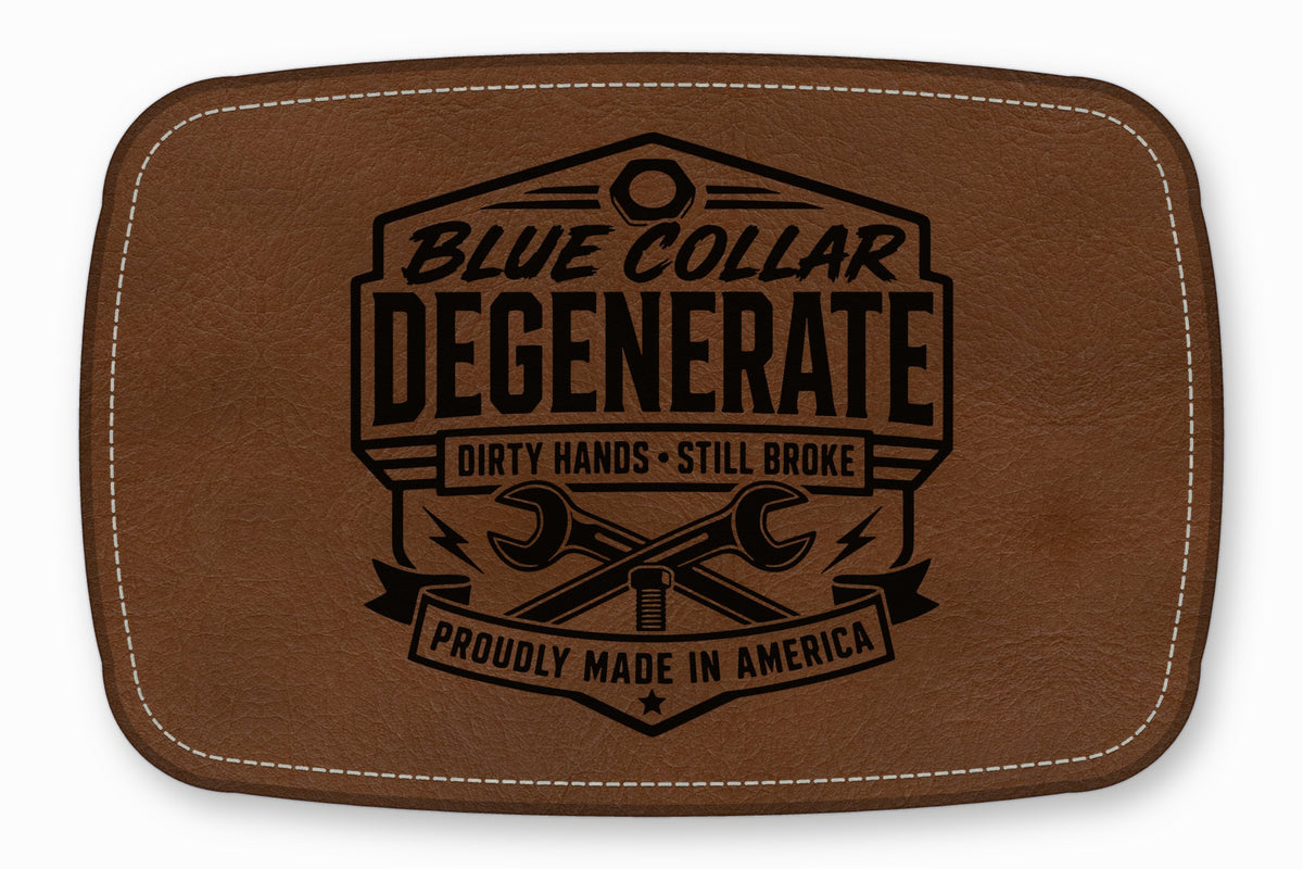 Brown leather patch featuring a black stamped design with crossed wrenches and text reading Blue Collar Degenerate.