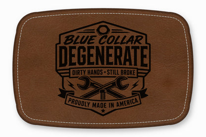 Brown leather patch featuring a black stamped design with crossed wrenches and text reading Blue Collar Degenerate.