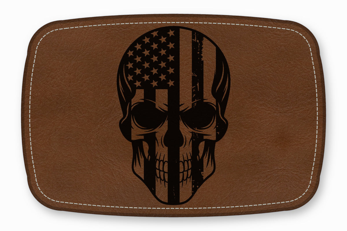 Brown leather patch featuring a black skull graphic with an American flag design.