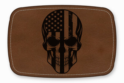 Brown leather patch featuring a black skull graphic with an American flag design.
