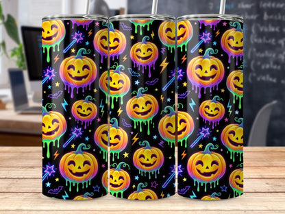 Pattern of dripping jack-o'-lanterns, stars, bats, and magic wands on a black background.