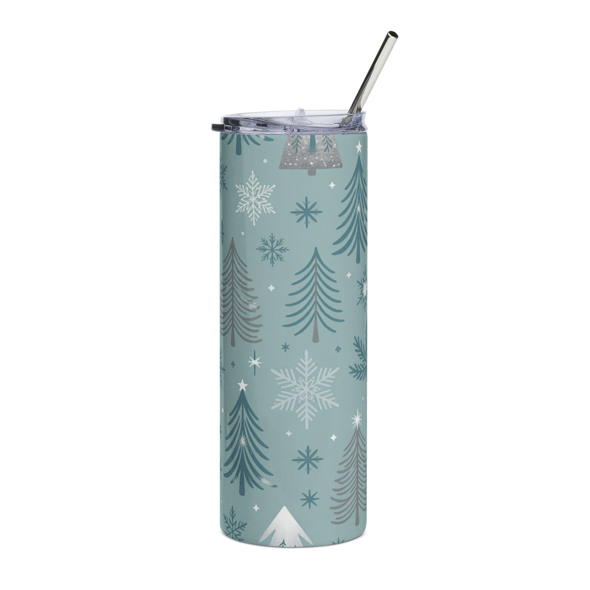Light blue tumbler with a festive winter pattern of trees and snowflakes, featuring a metal straw.