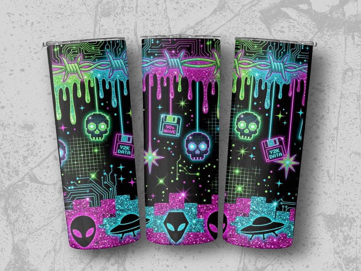 Three tumblers with Y2K, alien, and tech graphics.