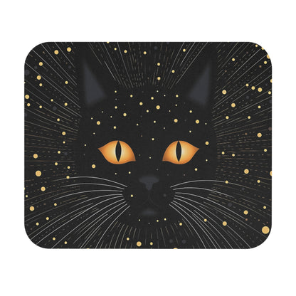 Black cat with glowing orange eyes surrounded by scattered gold and silver dots.