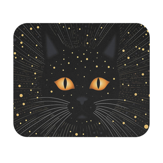 Black cat with glowing orange eyes surrounded by scattered gold and silver dots.