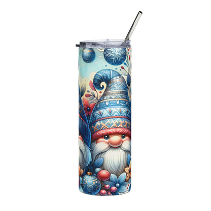 Tumbler with festive gnomes, ornaments, and blue floral accents.