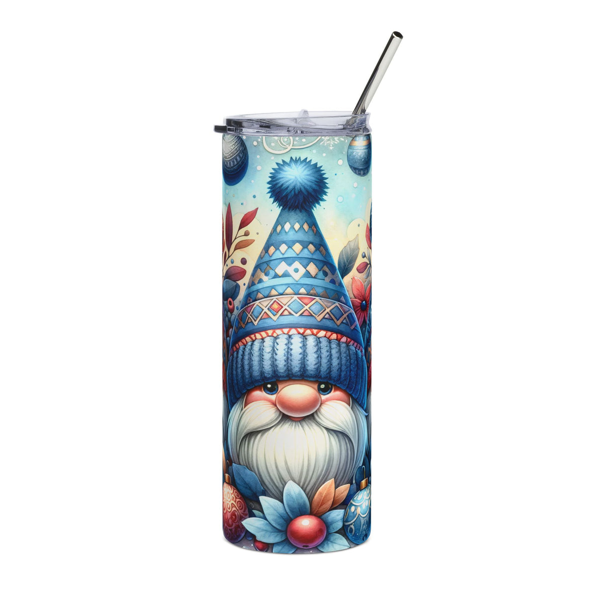 Tumbler featuring a gnome in a blue patterned hat, surrounded by winter ornaments and foliage.