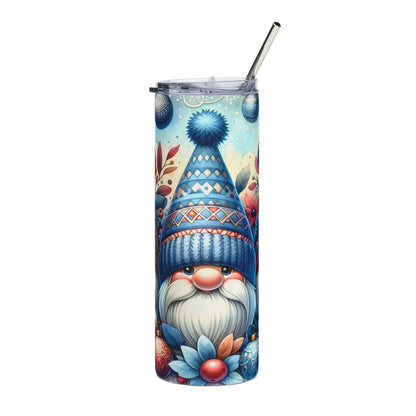 Tumbler featuring a gnome in a blue patterned hat, surrounded by winter ornaments and foliage.