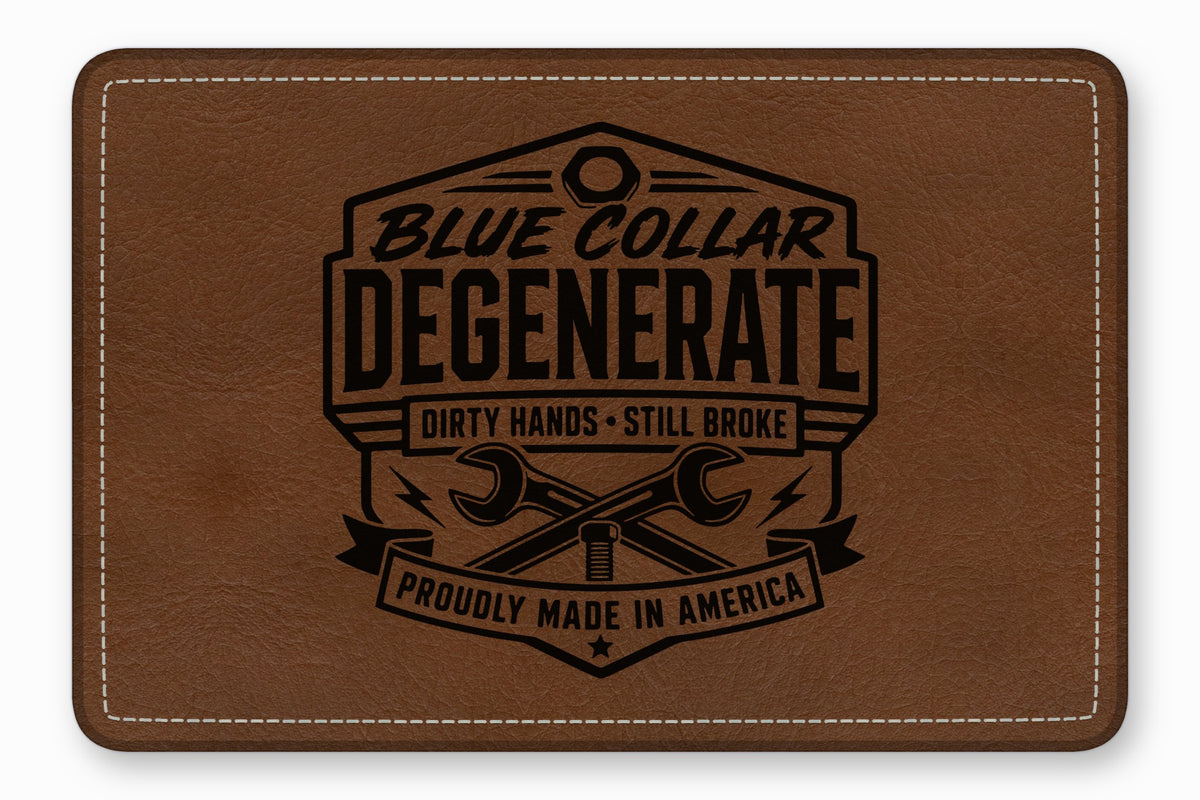 Brown leather patch featuring a black engraved logo that reads Blue Collar Degenerate.