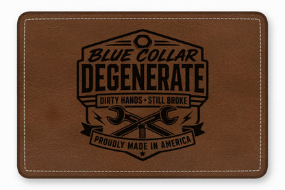 Brown leather patch featuring a black engraved logo that reads Blue Collar Degenerate.