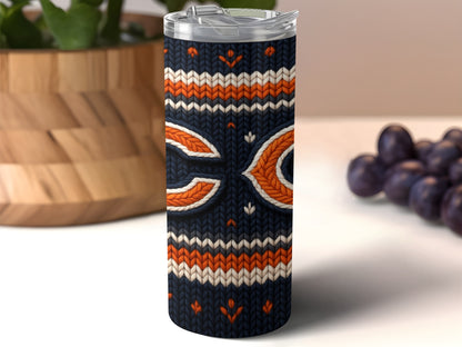 Chicago Bears tumbler with a navy blue, orange, and white knitted pattern.