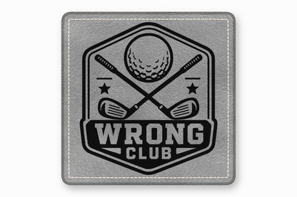 Gray leather patch featuring a black golf emblem with crossed clubs, ball, and the text WRONG CLUB.