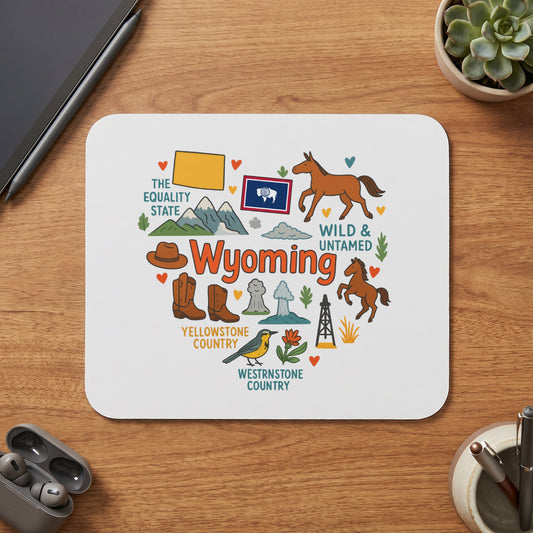 Wyoming mousepad with illustrations of horses, boots, a hat, and Yellowstone geysers.