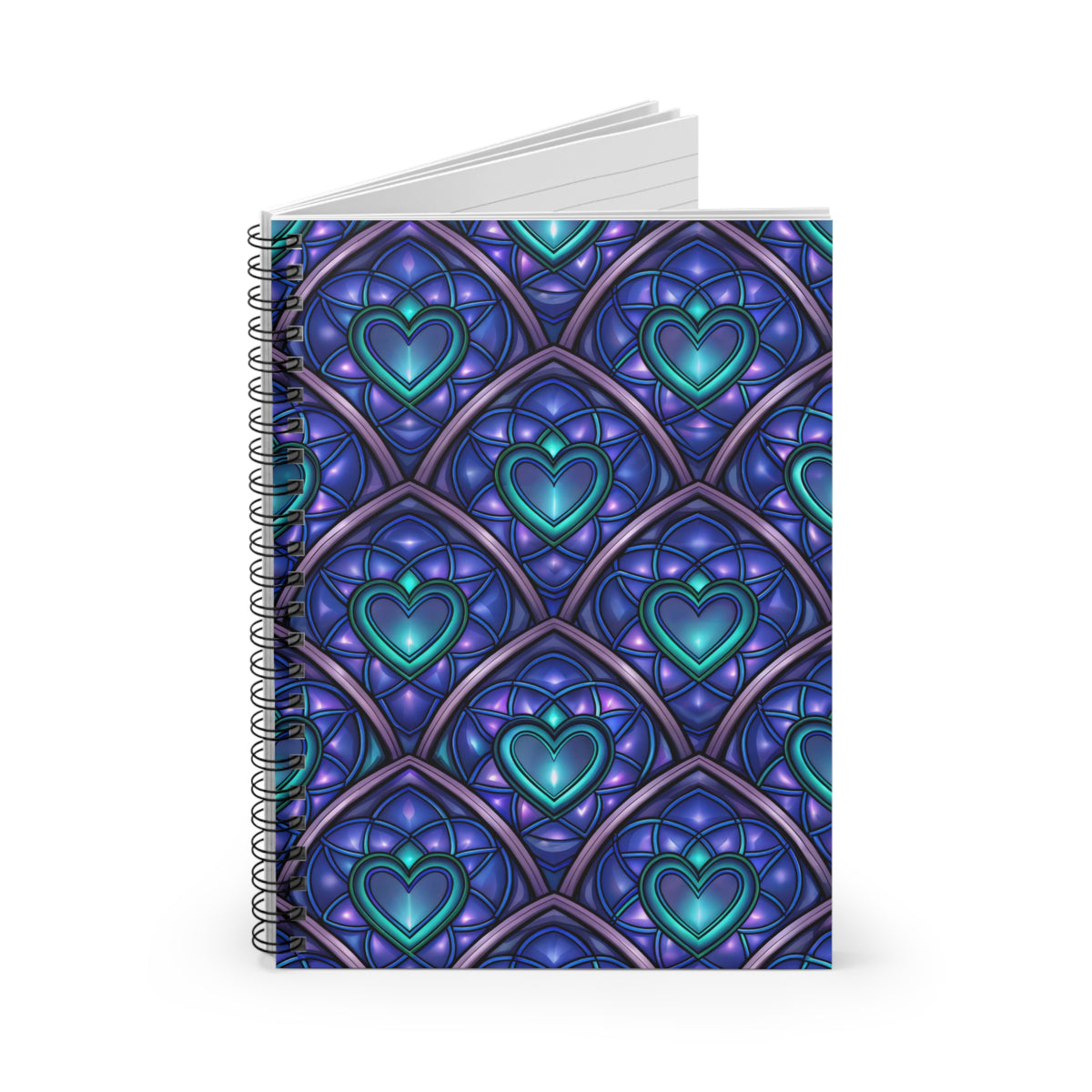 Spiral bound notebook with a stained glass heart pattern in shades of blue and purple.