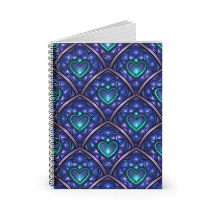 Spiral bound notebook with a stained glass heart pattern in shades of blue and purple.