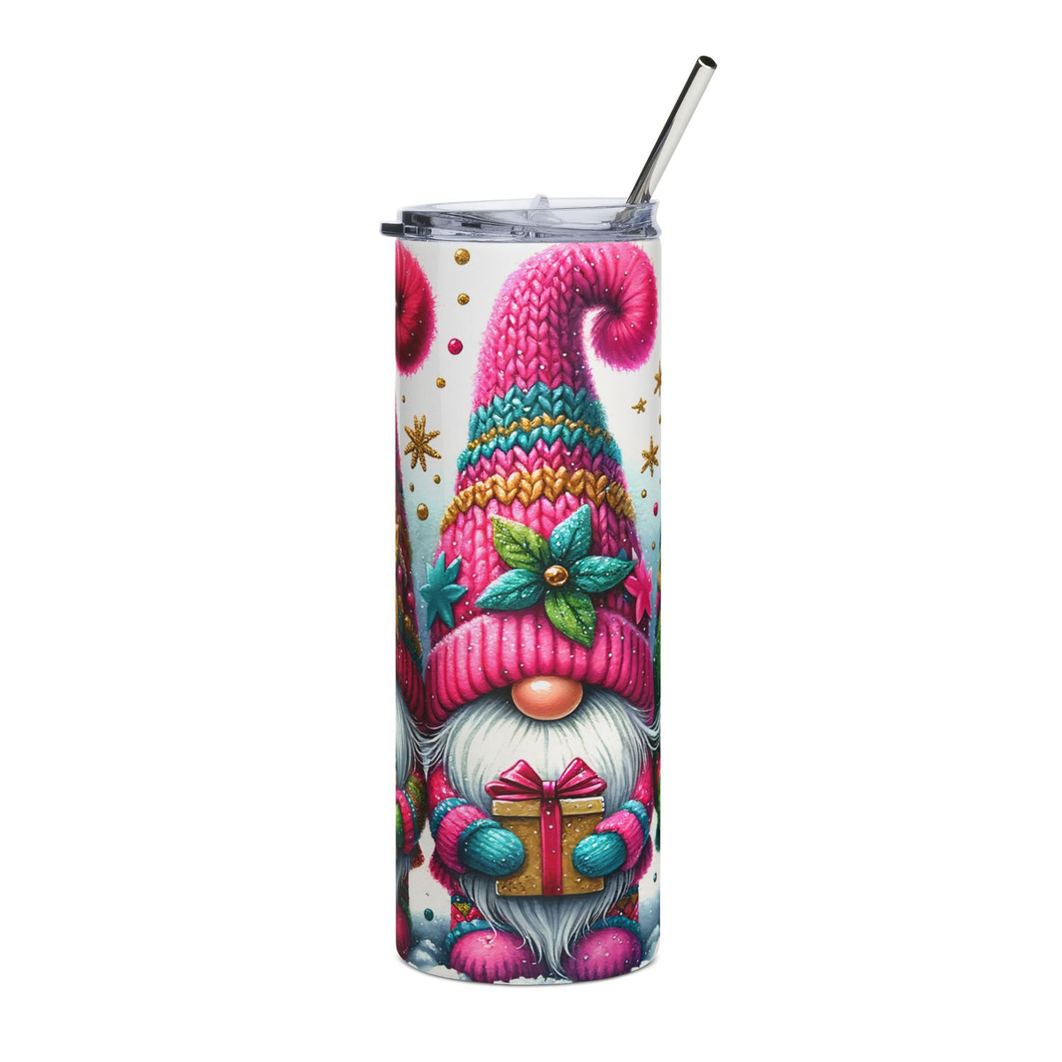 Tumbler with a gnome wearing a pink knit hat and holding a gift.