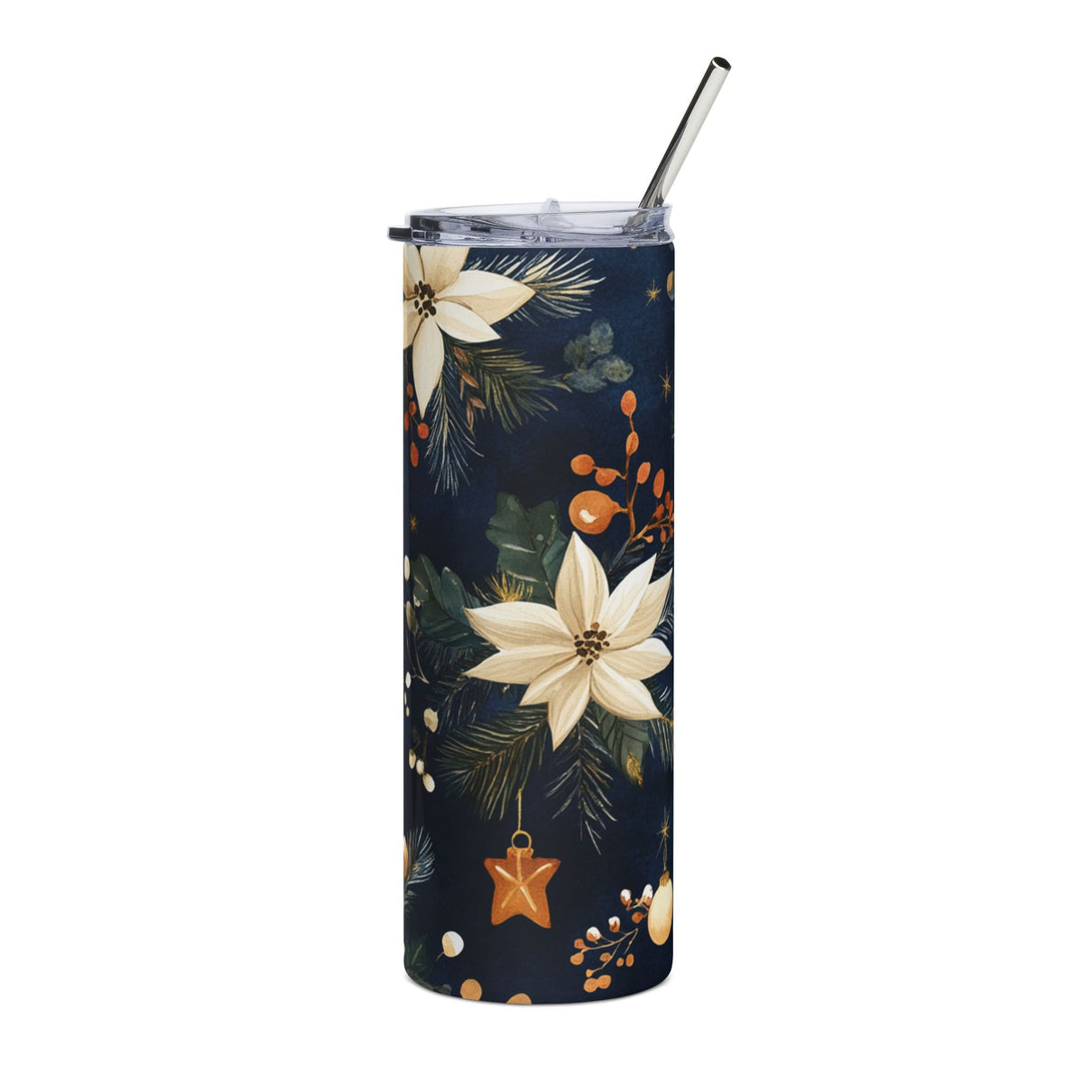 Dark blue tumbler with white poinsettias, pine branches, berries, and stars.