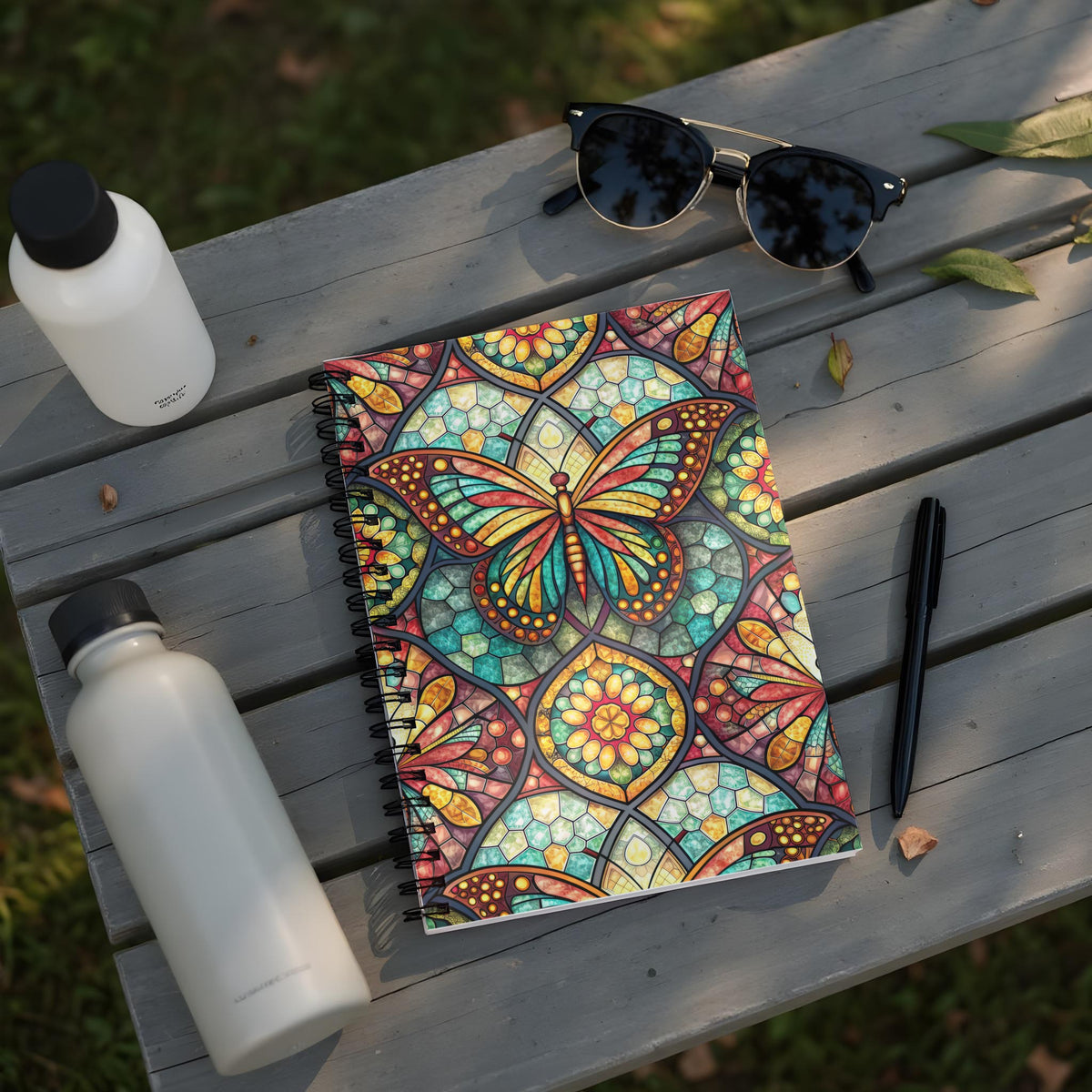 Spiral notebook with stained-glass butterfly design on wooden bench with water bottles.