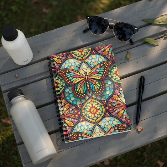 Spiral notebook with stained-glass butterfly design on wooden bench with water bottles.