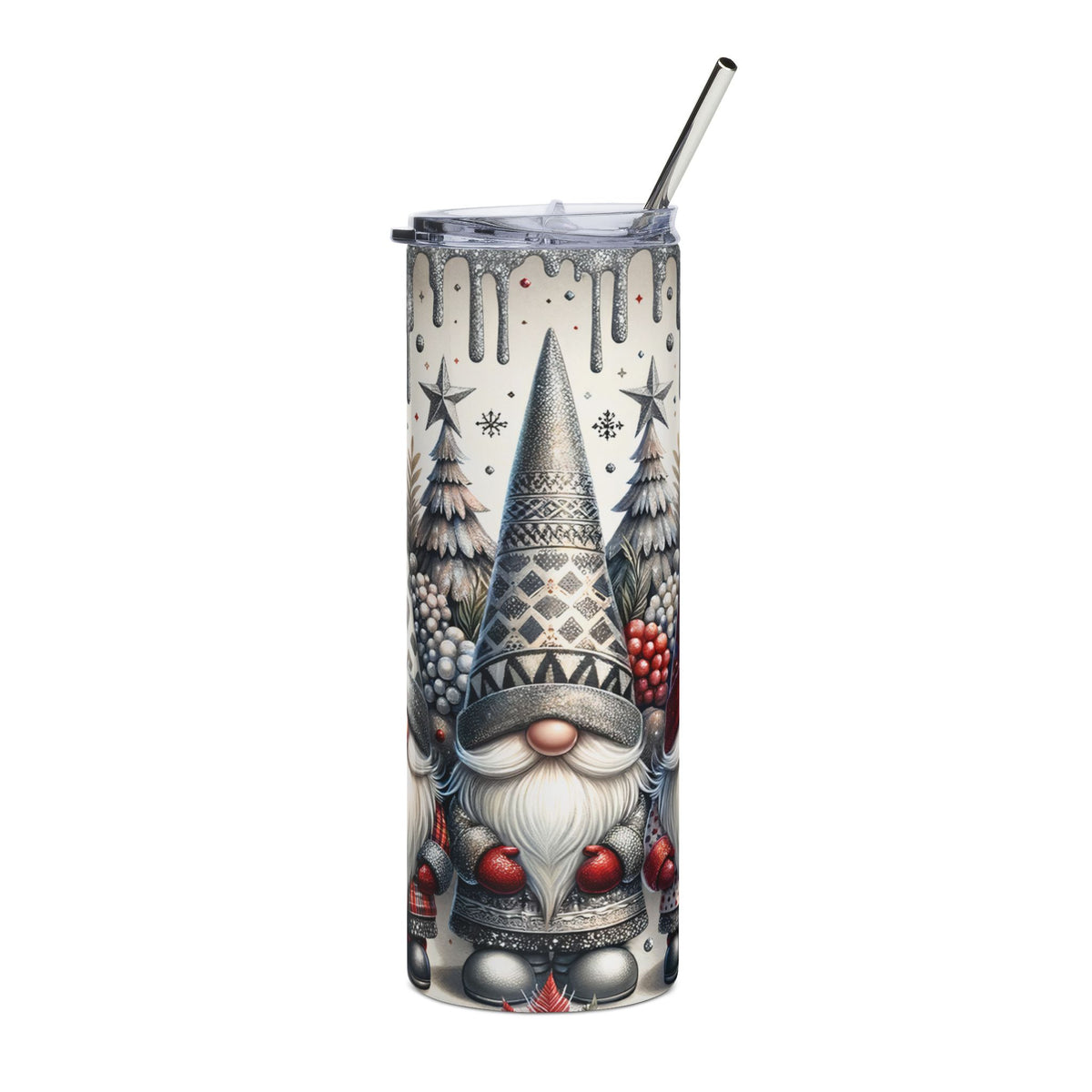 Tumbler with gnomes, Christmas trees, and stars on a white background.