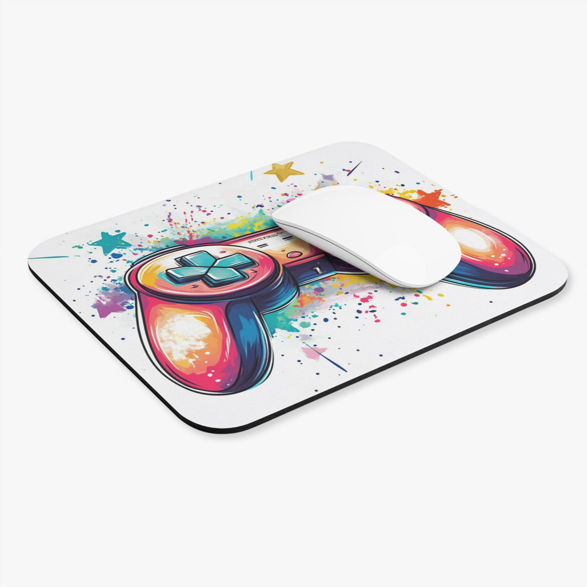 Mousepad with colorful watercolor gamepad and stars design.